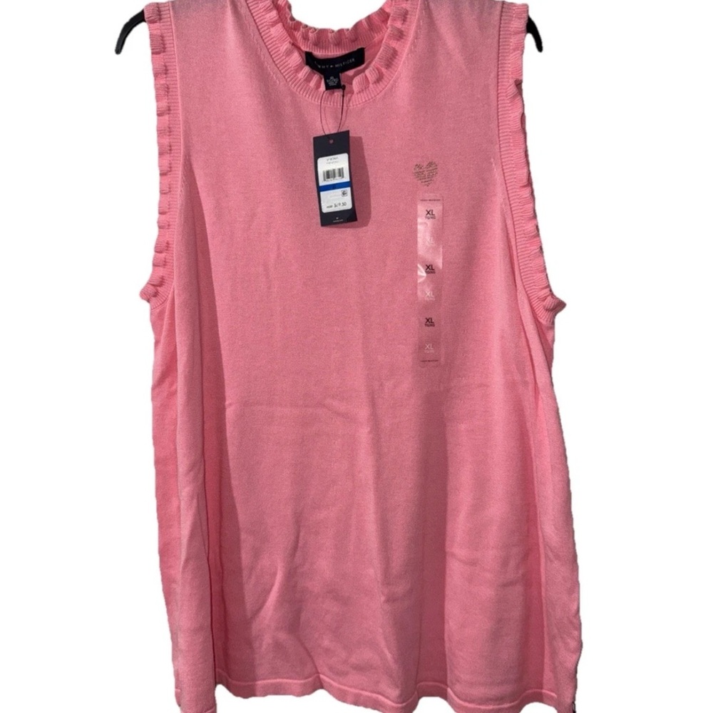 NEW TOMMY HILFIGER, WOMEN XL PINK COTTON BLEND SLEEVLESS RUFFLED SWEATER